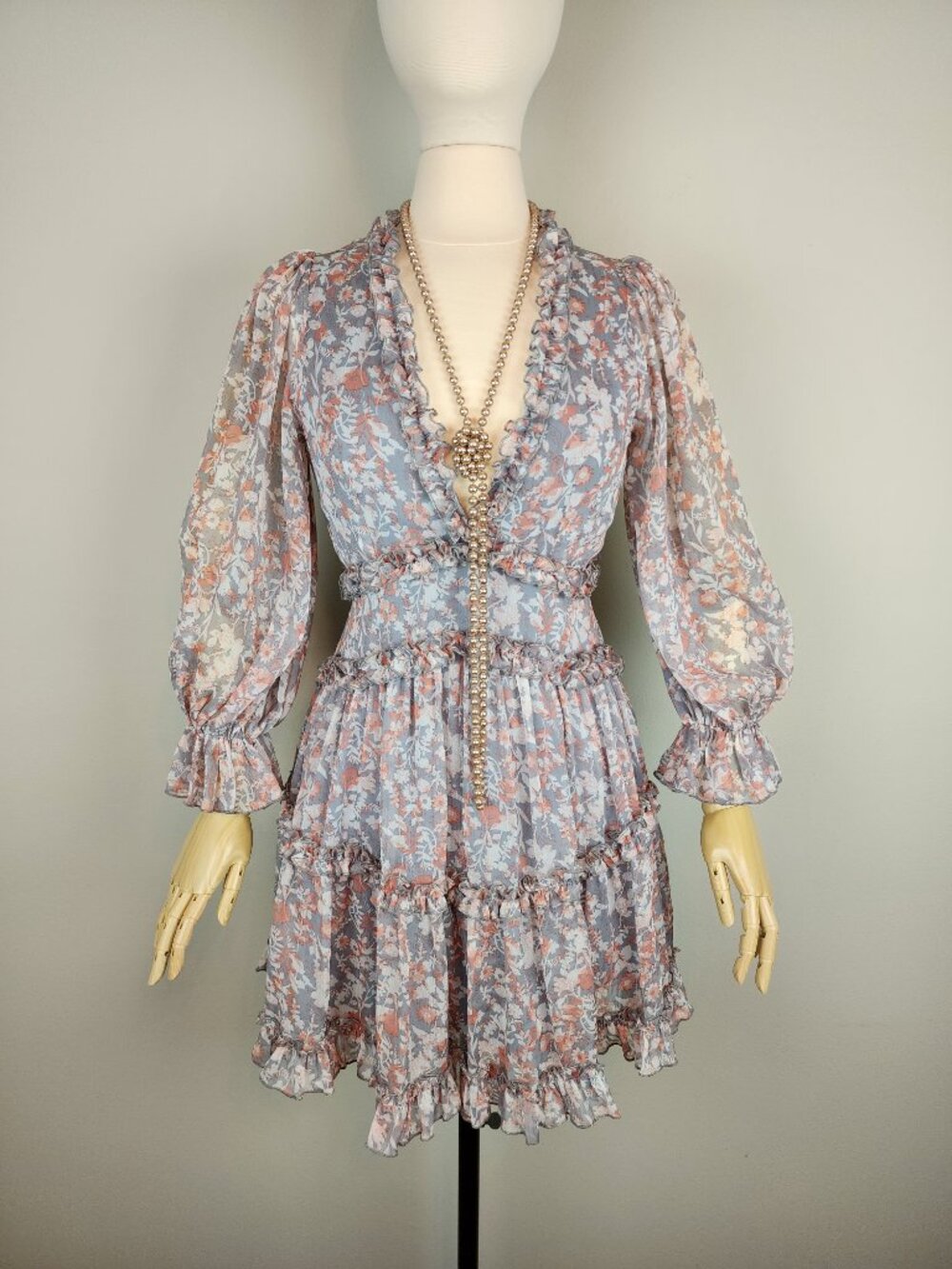 Saints + Secrets Grey & Peach Floral Long Sleeve Ruffled Mini Dress Small